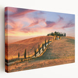 Stretched canvas of a Tuscan landscape in warm earth tones, ideal for kitchen wall art.