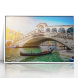 Mid-century modernist art of Venice scenery in muted pastel shades on a framed acrylic, ideal for nursery wall art.