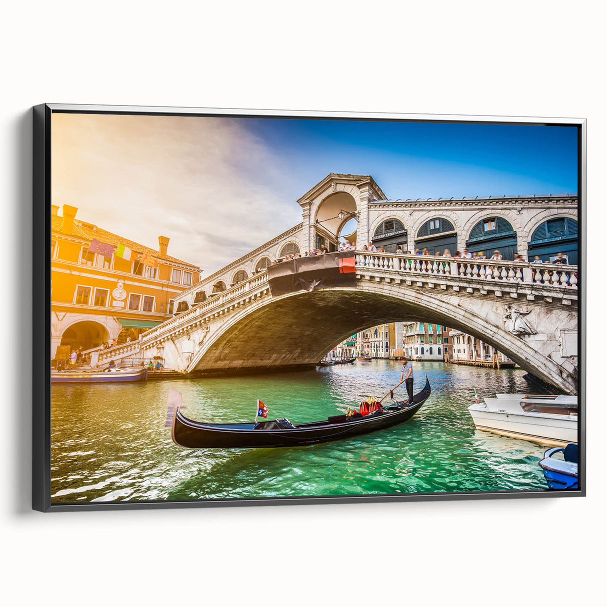 Black and white framed canvas of Venice landscape, featuring vintage poster art style, ideal for bedroom wall decor.