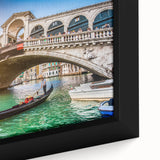 Extra large framed canvas of a textured Venice scenery in black with colorful accents, ideal for living room decor.