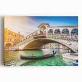Black and white stretched canvas of Venice scenery with gondolas and architecture.