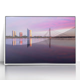 Mid-century modernist art depicting a European landscape in pastel shades on a framed acrylic, suitable for nursery wall art.