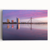 A black and white photograph of a European cityscape on stretched canvas, ideal for kitchen wall art.