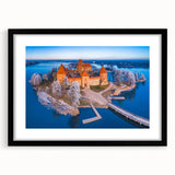 Extra large abstract art print of a colorful, textured European scenery on a black framed canvas.