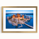 Abstract art print of a European Lithuanian landscape in muted earth tones, framed in gold, ideal for dining room decor.