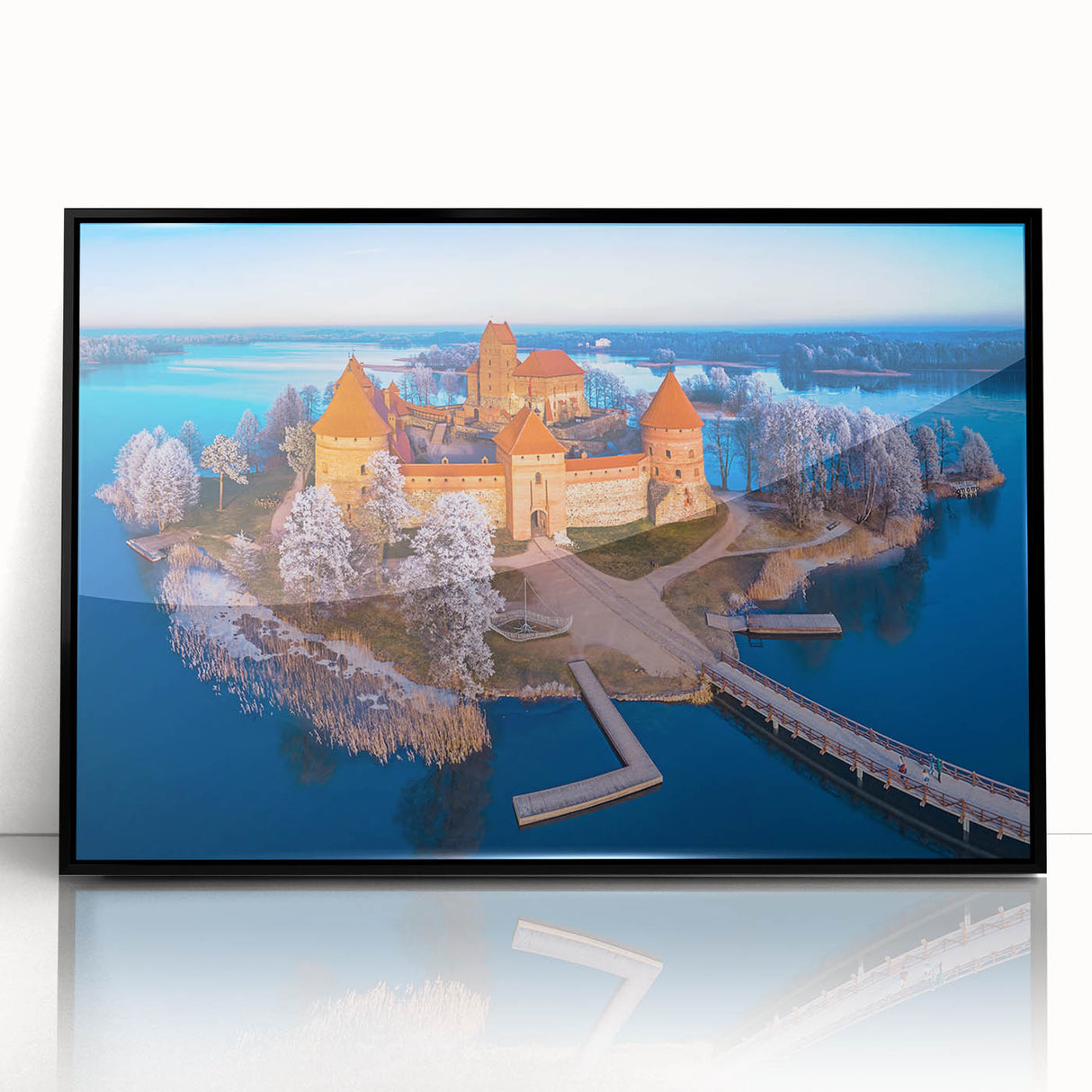 Large abstract wall art depicting a European Lithuanian landscape in muted earth tones, framed in black acrylic.