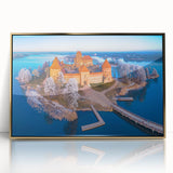 Art deco poster of a Lithuanian landscape in muted gold and blue tones, acrylic print framed.