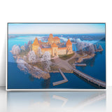 Mid-century modernist art depicting a serene Lithuanian landscape in soft pastel shades.