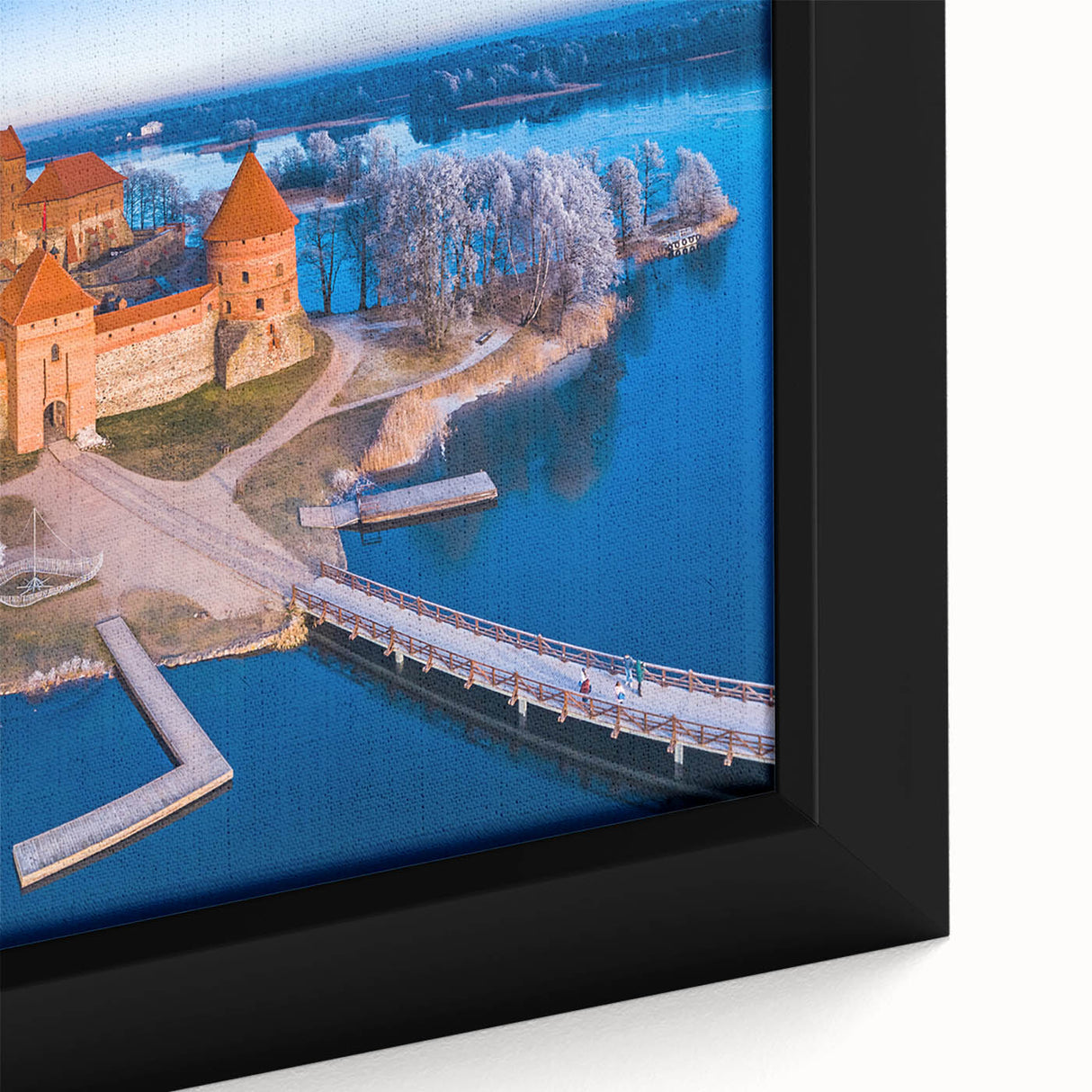 Extra large framed canvas of a textured black wall art featuring colorful, abstract European scenery.