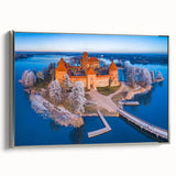Framed canvas featuring a vintage-style landscape painting of a Lithuanian scenery with vibrant colors.