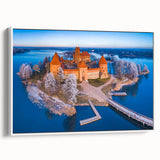 Vintage poster art of a colorful European Lithuanian scenery on extra large framed canvas, ideal for living room decor.