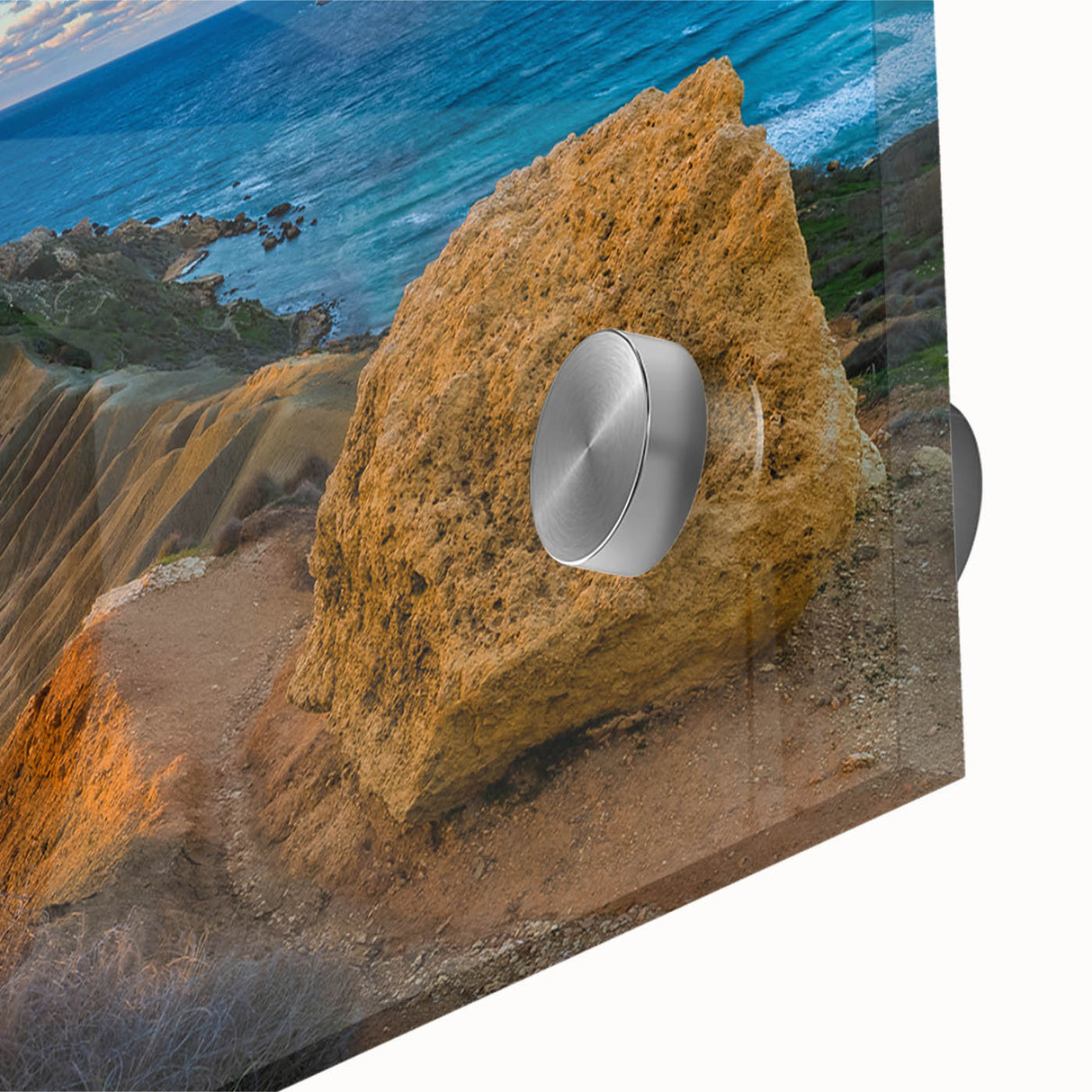 Large abstract wall art depicting a European Malta scenery in vibrant hues on acrylic glass, suited for dining room ambiance.