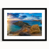 Extra large textured abstract art print of colorful Malta scenery in a black frame, ideal for living room decor.