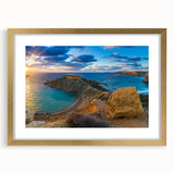 Abstract art print of a European Malta scenery in muted earth tones on a framed gold mat, ideal for dining room decor.