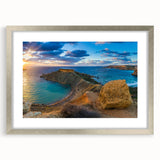 Extra large abstract art print of a European scenery in Malta, featuring textured silver frame and mat, in muted earth tones.