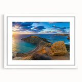 Textured abstract art print of a Malta scenery in muted earth tones, framed with a white mat, ideal for bedroom art.
