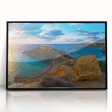 Large abstract wall art of a European Malta scenery in muted earth tones, framed in black acrylic.