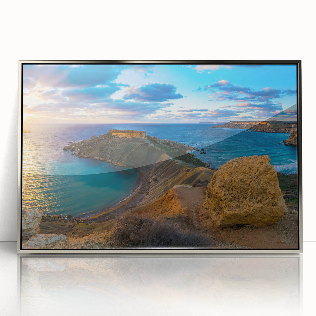 Large acrylic print of a European Malta scenery in muted earth tones, framed in silver, suitable for modern art wall decor.