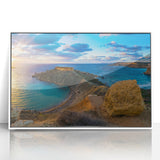 Mid-century modernist art of Malta scenery on white framed acrylic, featuring pastel hues, ideal for nursery wall art.