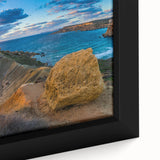 Extra large framed canvas of a textured Malta scenery in black with vibrant colorful accents, ideal for living room decor.