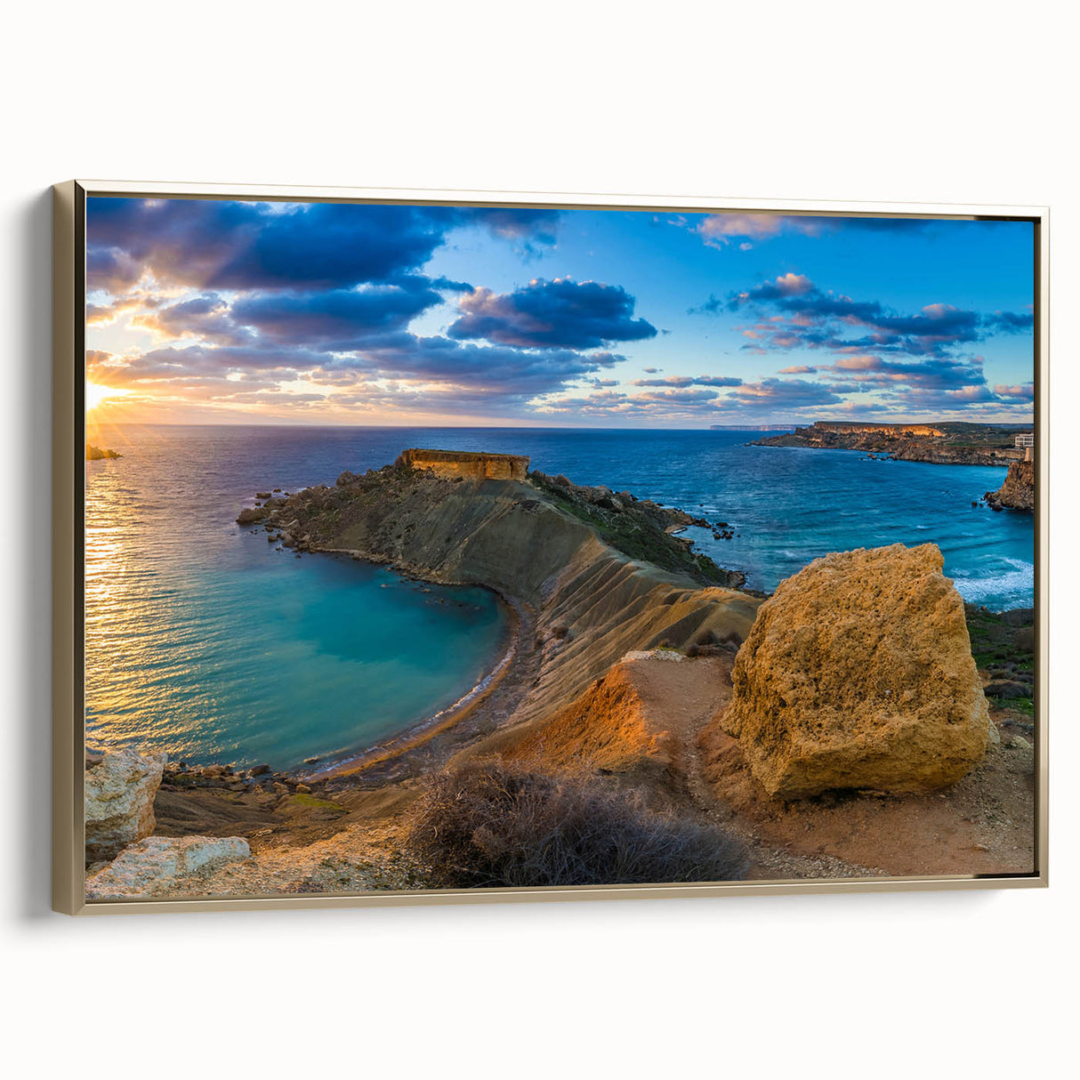 Framed canvas landscape painting of Malta with vintage poster art style in black and gold, ideal for bedroom wall art.
