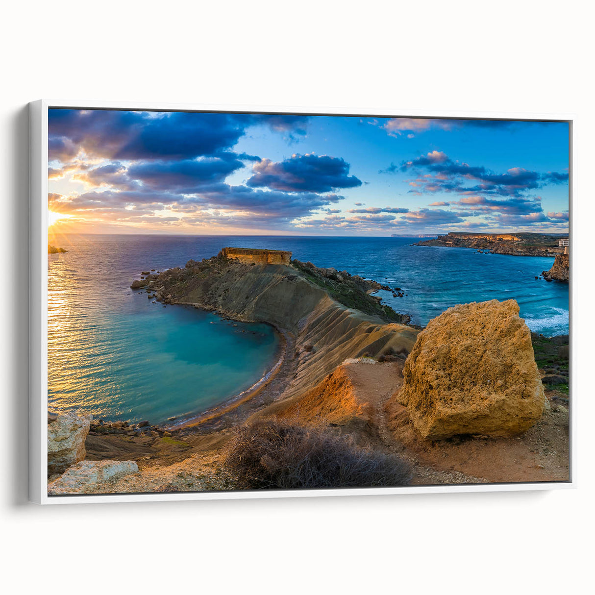 Vintage poster art of a Malta landscape in vibrant colors on a framed canvas, ideal for living room decor.