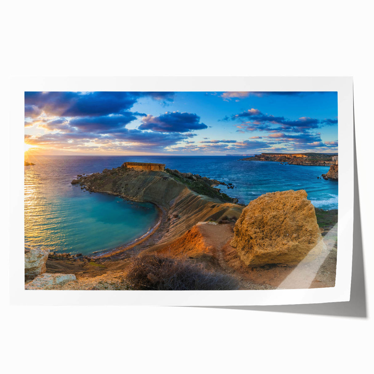 Rolled print of a Malta landscape with vibrant blue and green tones, ideal for art wall dining room.