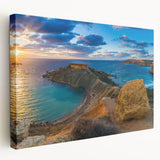 Side view of a stretched canvas depicting a scenic European Malta landscape in muted earth tones, ideal for kitchen wall art.