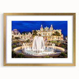 Abstract art print of Monaco scenery in gold frame, featuring muted blue and gray tones, ideal for dining room decor.