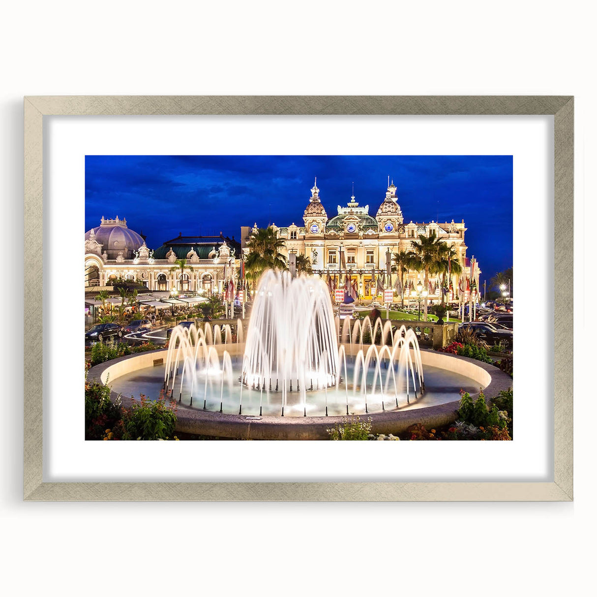 Extra large abstract art print of Monaco scenery in textured style, silver-framed with mat, ideal for living room decor.