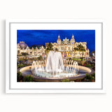 Textured art print of abstract Monaco scenery in muted blue and gray tones, framed in white, ideal for bedroom decor.