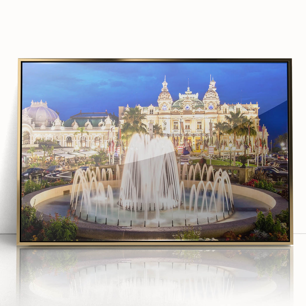 Art deco poster of Monaco scenery in muted gold and blue tones, acrylic print framed, suitable for modern art wall decor.