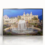 Large acrylic print of a Monaco scenery in muted blue and silver tones, framed in silver, suitable for modern art wall decor.