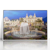 Mid-century modernist art of Monaco scenery in muted pastel shades on a framed acrylic, ideal for modern art wall decor.