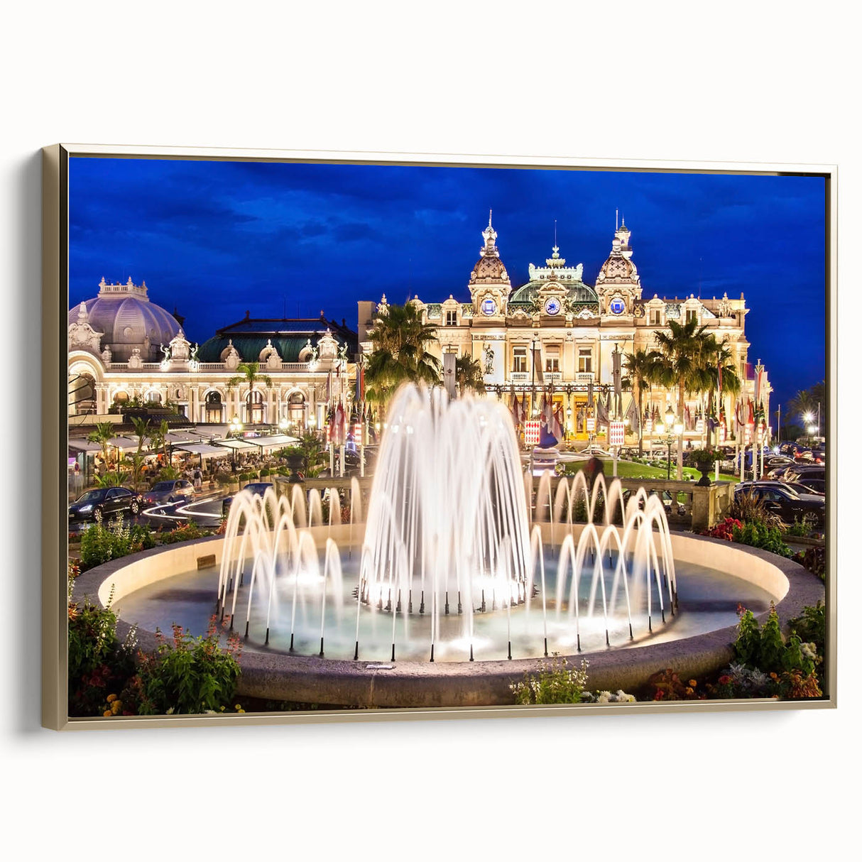 Framed canvas featuring a vintage-style landscape painting of Monaco with black and gold tones, ideal for bedroom wall decor.