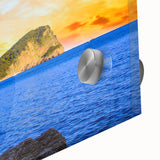 Large abstract wall art depicting a Montenegro scenery in muted earth tones on acrylic glass, ideal for dining room decor.