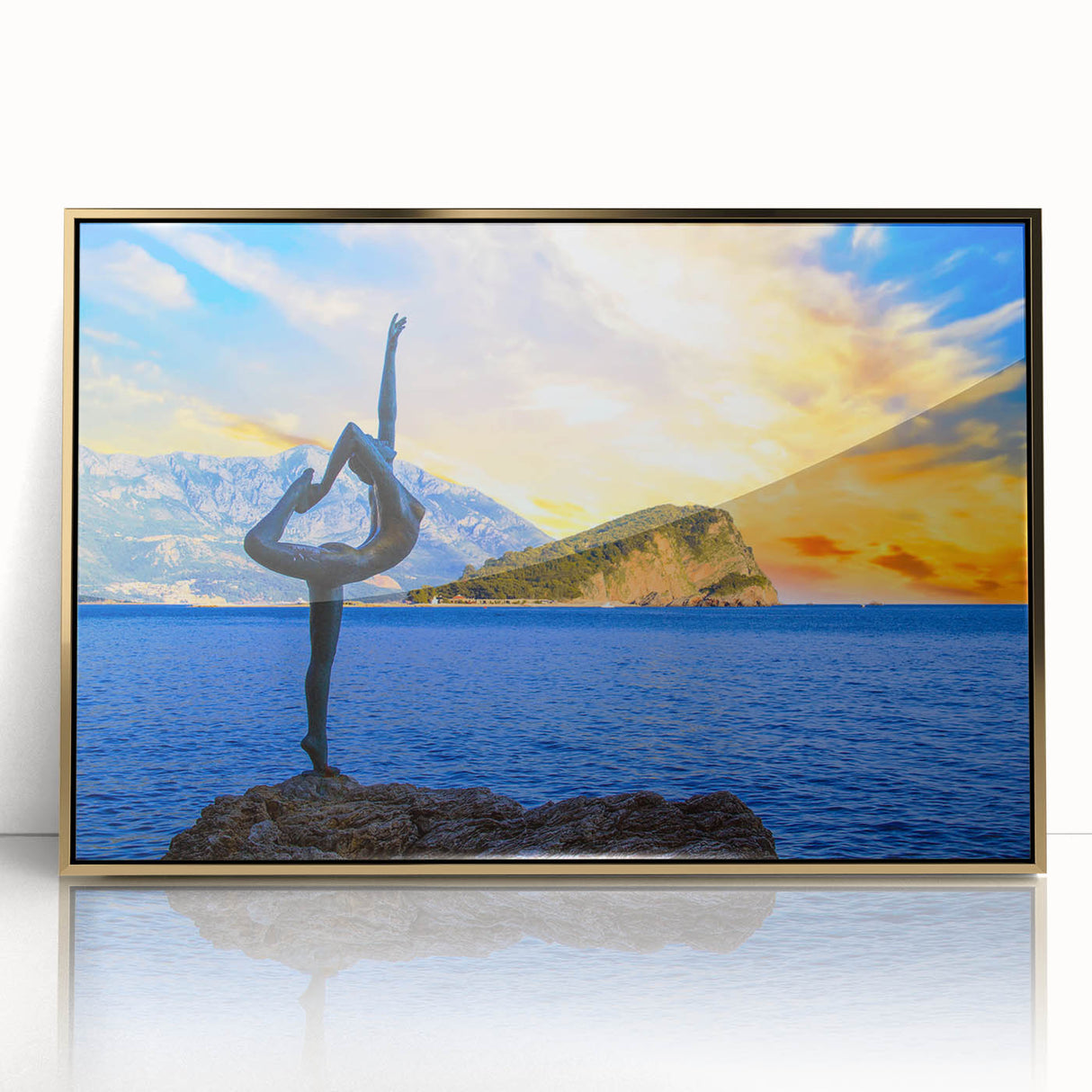 Art deco poster of Montenegro scenery in gold acrylic frame, featuring muted earth tones, ideal for modern art wall decor.
