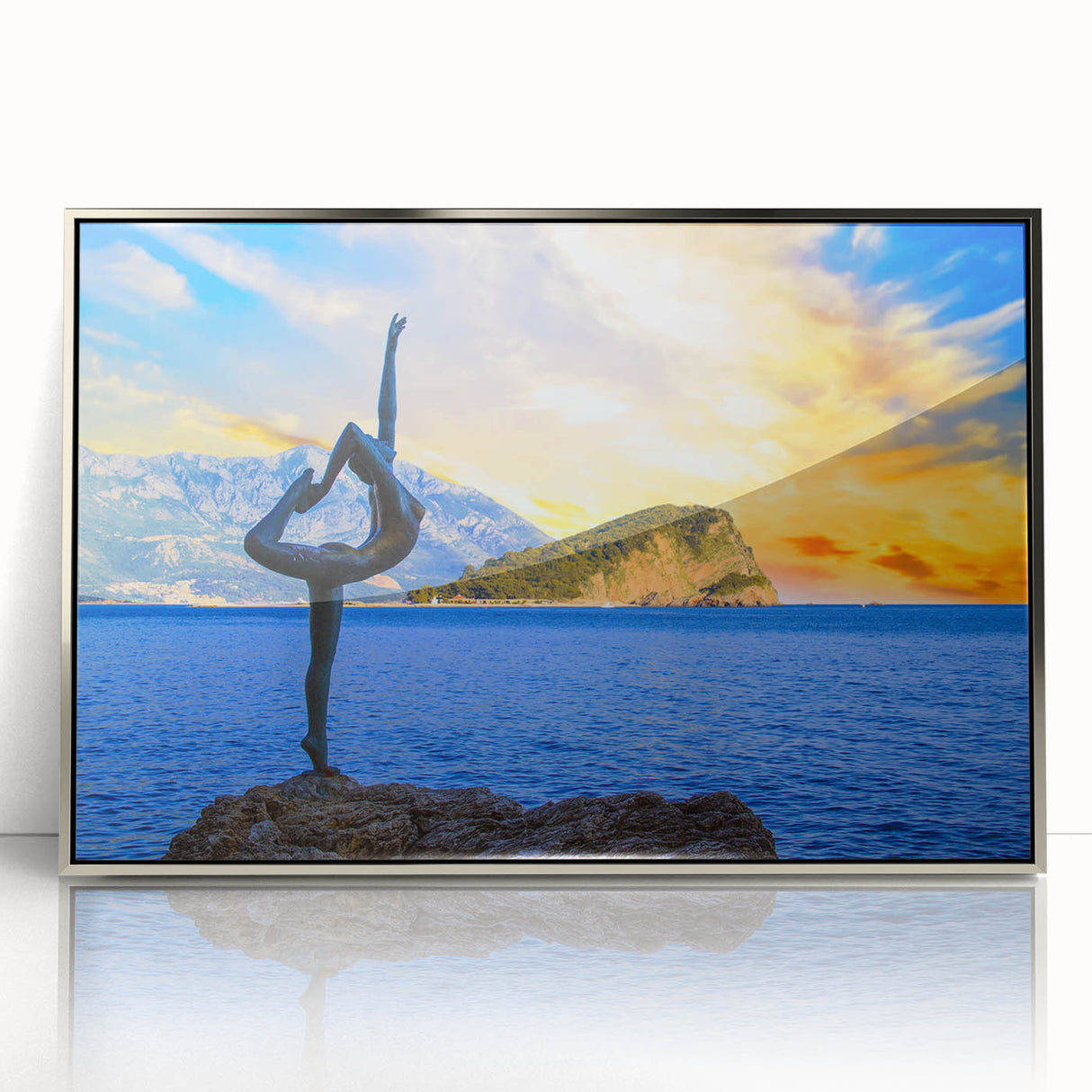 Large art print of Montenegro scenery in muted earth tones on a silver-framed acrylic, ideal for modern art wall decor.