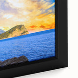 Black framed canvas of a textured Montenegro scenery in vibrant colors, ideal for living room decor.