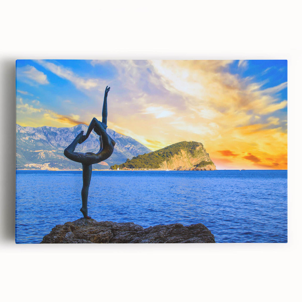 Black and white photograph of a European coastal town on stretched canvas, ideal for kitchen wall art.