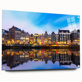 Acrylic print of Amsterdam canal scene in muted blues and grays, ideal for dining room art.