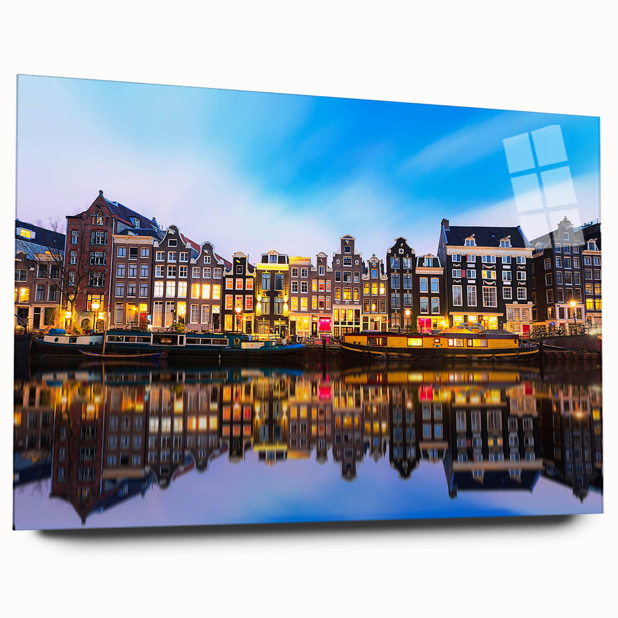 Acrylic print of Amsterdam canal scene in muted earth tones, ideal for bedroom or dining room art.
