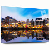 Acrylic print of Amsterdam canal scene in muted earth tones, ideal for bedroom or dining room art.