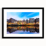 Extra large abstract art print of Amsterdam scenery with vibrant colors on a black framed canvas.