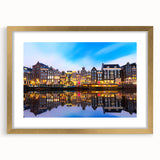 Abstract art print of Amsterdam with muted earth tones on a framed canvas, suitable for dining room decor.