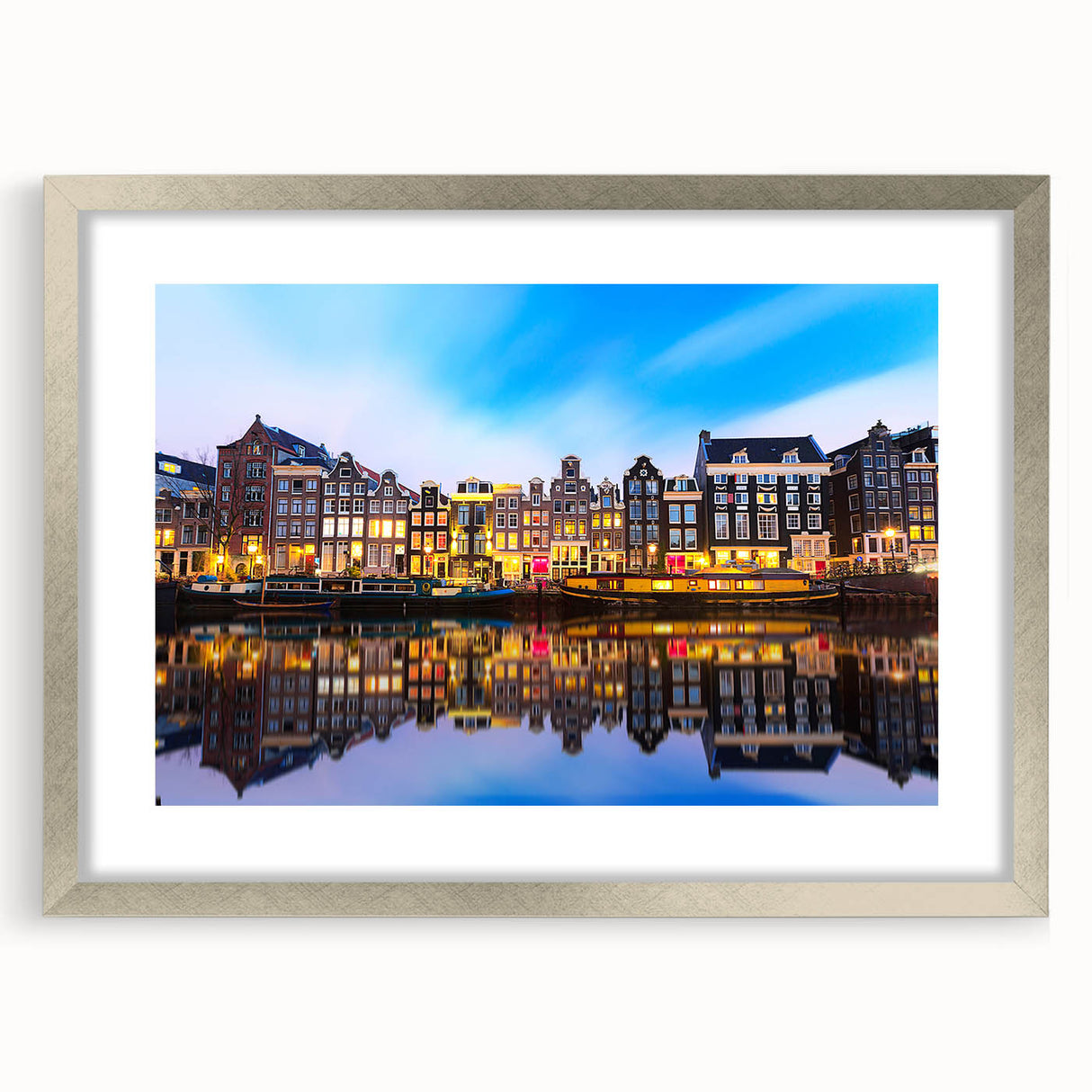Extra large abstract art print of Amsterdam scenery in muted earth tones on a framed canvas, ideal for living room decor.