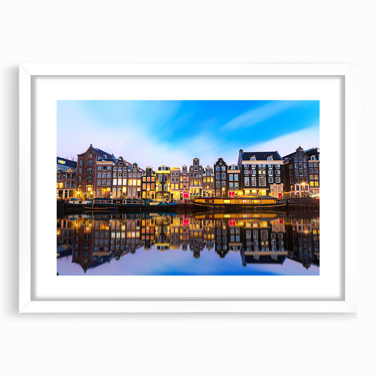 Textured abstract art print of Amsterdam scenery in muted earth tones on a framed canvas, suitable for bedroom decor.