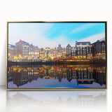 Art deco poster of Amsterdam scenery in muted gold and blue tones on acrylic, ideal for modern art wall decor.