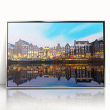 Acrylic print of Amsterdam canal scene in muted colors, framed in silver, ideal for modern art wall decor.