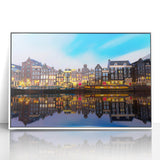 Mid-century modernist art depicting Amsterdam's canal scene in muted earth tones on a white-framed acrylic print.